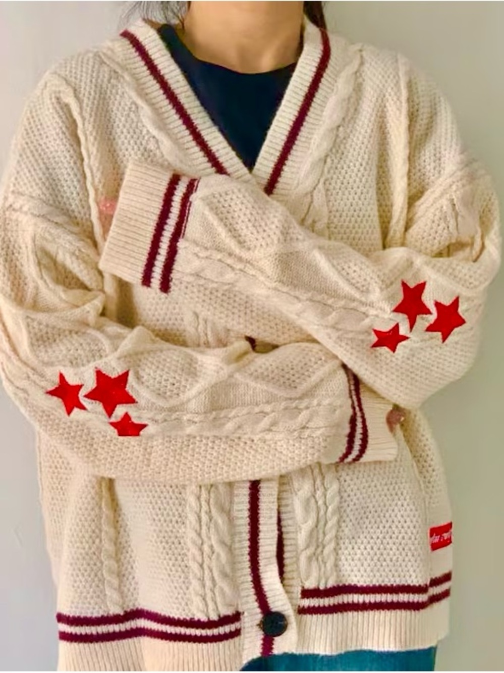 NWOT Cream Cable Knit Star Cardigan Burgundy Stripe Size M Button Up Red